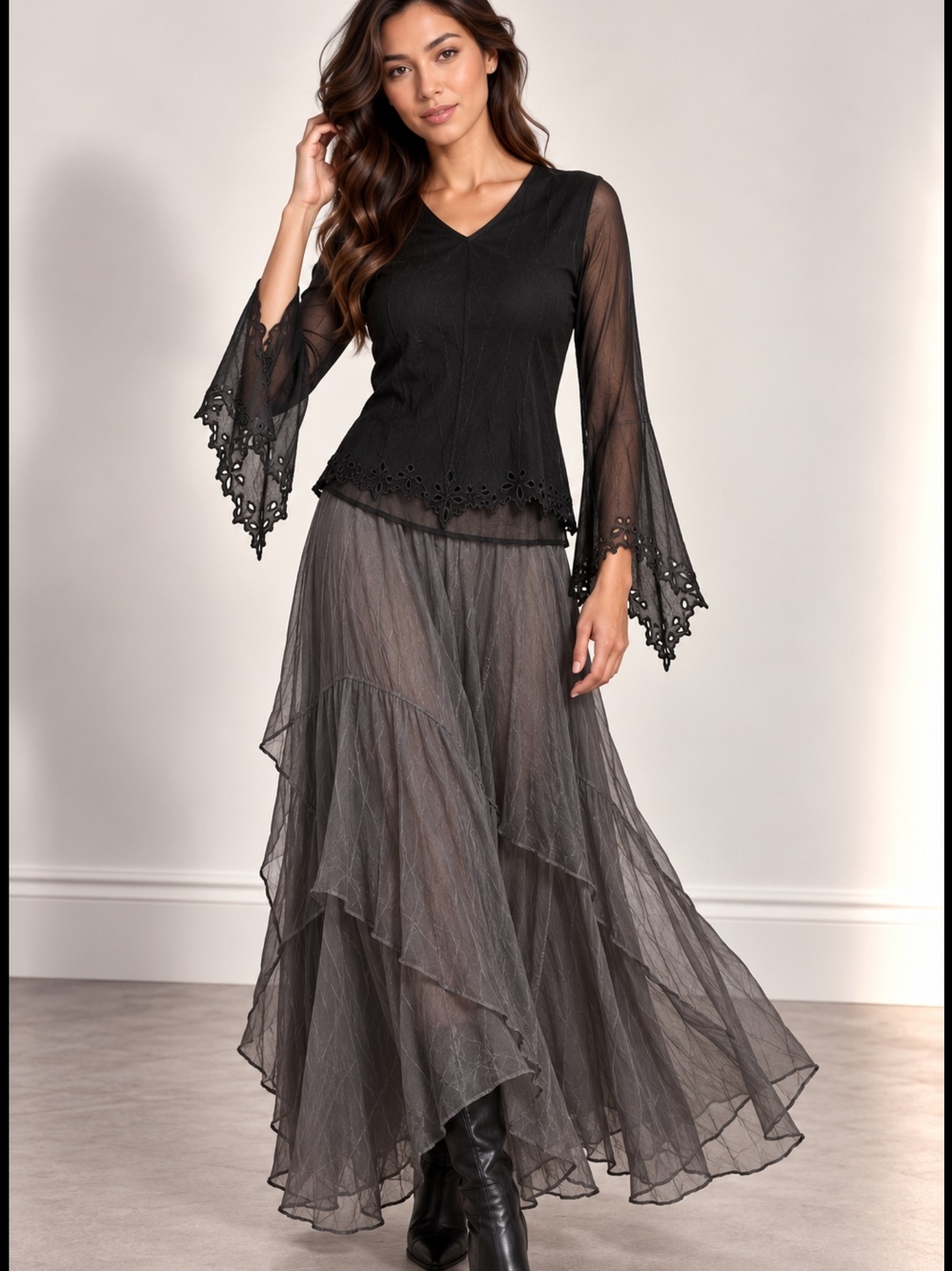 PIERRI 100% Silk Black Cutwork Sheer Sleeve Blouse Size S